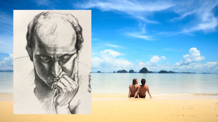 Foto de casal em praia deserta da com caricatura de pensador