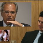 Ministro da Economia Paulo Guedes, ministro da Justiça Sérgio Moro e Lima Duarte em cena da peça Os Sete Gatinhos, de Nelson Rodrigues