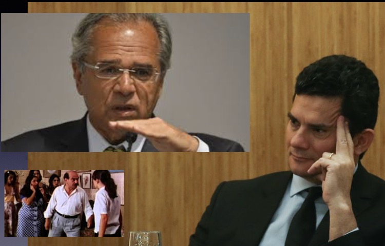 Ministro da Economia Paulo Guedes, ministro da Justiça Sérgio Moro  e Lima Duarte em cena da peça Os Sete Gatinhos, de Nelson Rodrigues